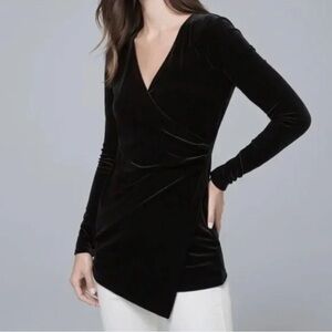 White House Black Market Black Velvet Long Sleeve Faux Wrap Tunic Blouse Size L